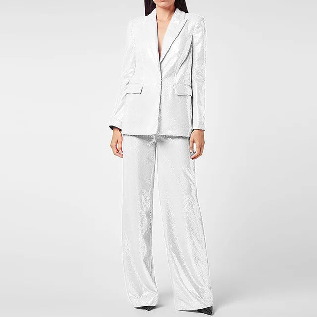 Women Pant Suits Autumn Elegant Shiny Sequins Blazer Jacket Loose Long Wide Leg Pants Two Pieces Sets New Arrival