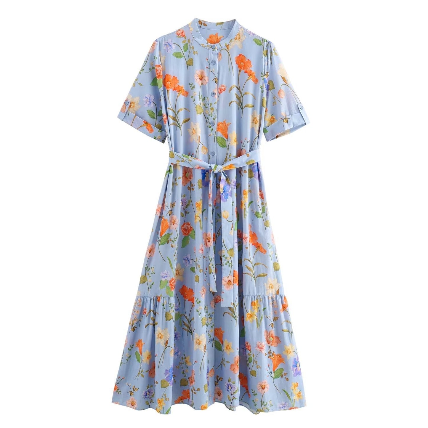 European and American summer new style round neck short sleeved blue printed waistband dress for women