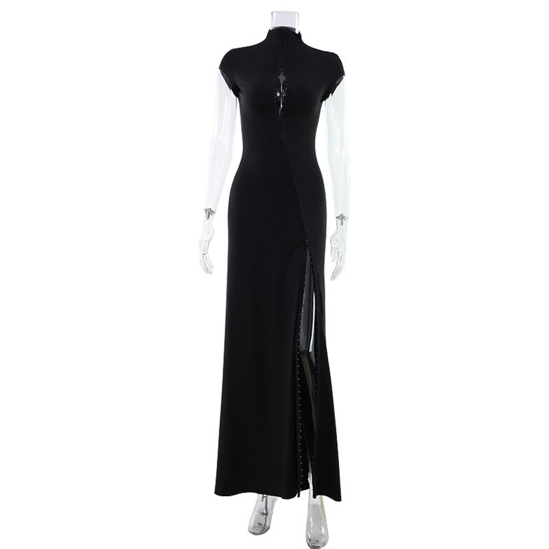 Elegant Black Hollow Detail Floor Length Dress