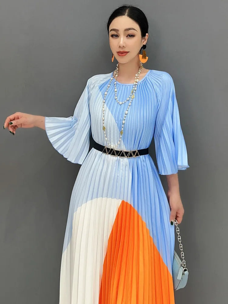 Summer New Hundred Pleated Printed Long Dress With O-Neck Half Sleeves Elegant Ladies Flare Women Dresses