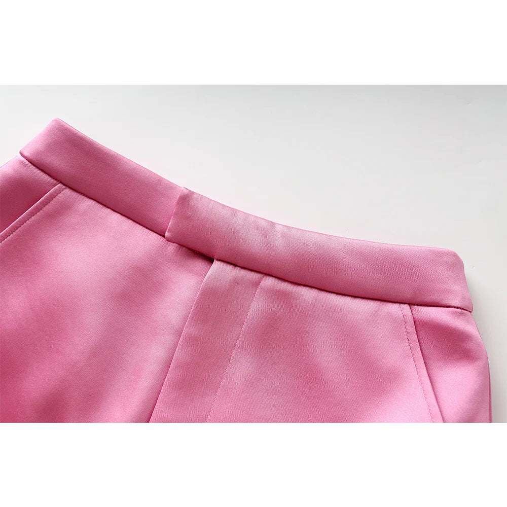 Women Street Design Pink Satin 3PCS Blazer Sets Elegant Mini Skirt Stunning Lady Suits Top Quality