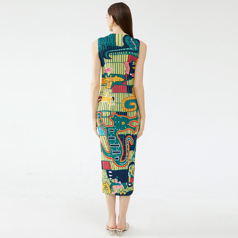 Summer new elegant animal waist slim fit round neck temperament pleated casual style dress for women
