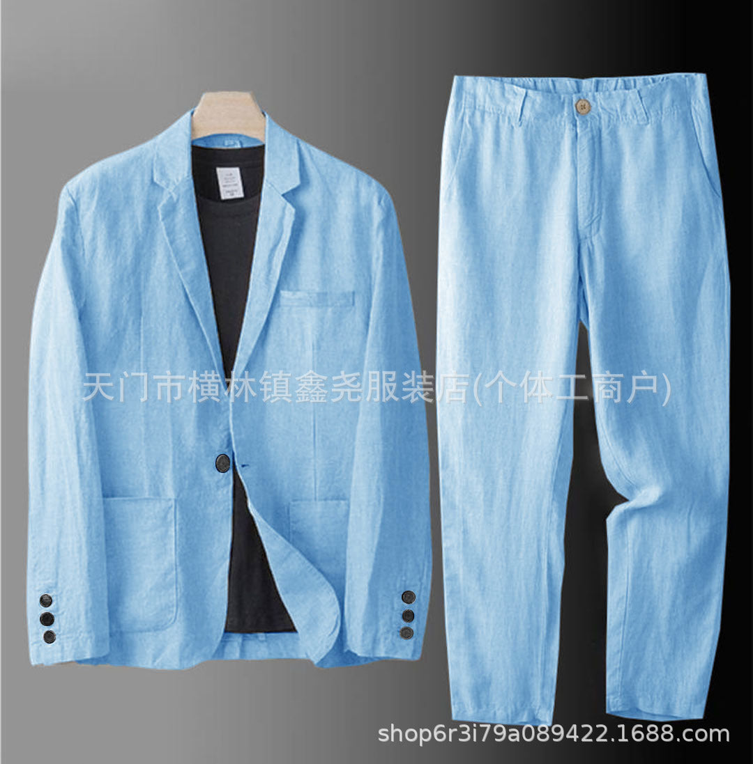 Men's Summer Korean-Style Linen Suit Set ? Slim-Fit, Lightweight Cotton-Linen Casual Blazer and Trousers, Sun-Protective Two-Piece Outfit