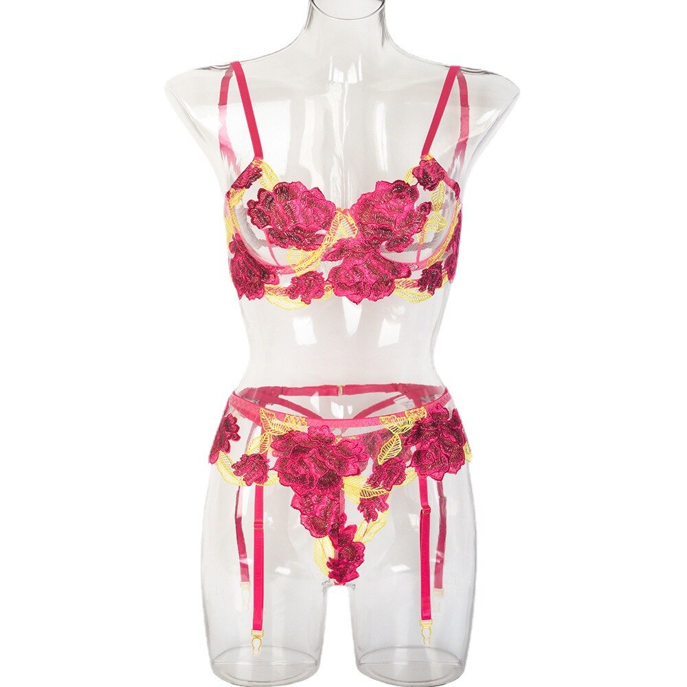 Underwear three-piece set embroidery big flower Mosaic fun underwear underwear garter belt bra and panty set lingerie set