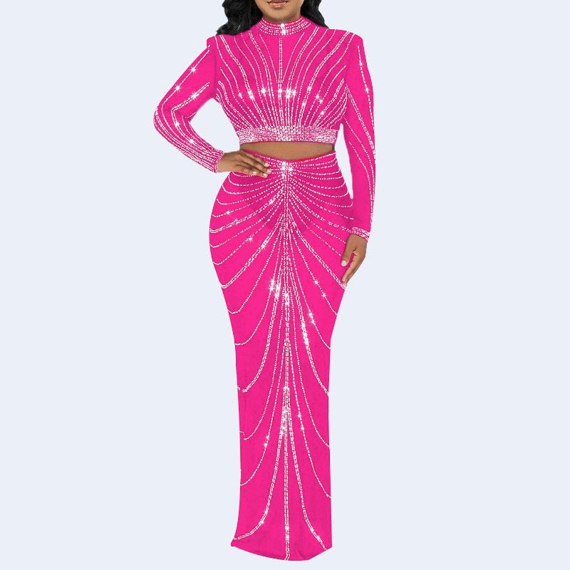 Women's Long Sleeve Dress Set with Mesh and Rhinestone