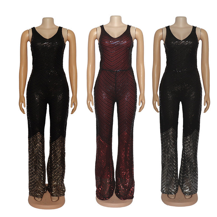 Sexy hoge stretch jumpsuit met diepe V-hals en pailletten