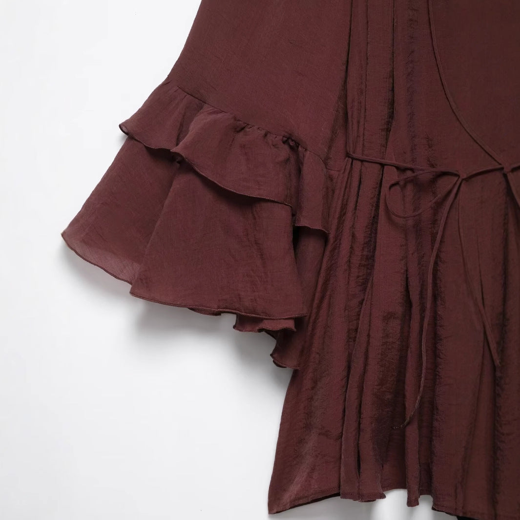 Elegant Fitted Simple Versatile Ruffle Belted Design Dress