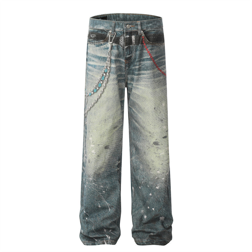 Hip hop punk chain pendant printed jeans