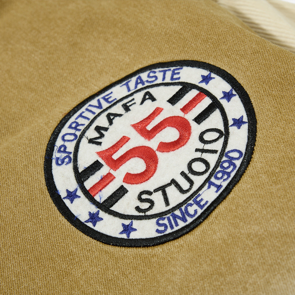 Baseballjack van gewassen denim met print