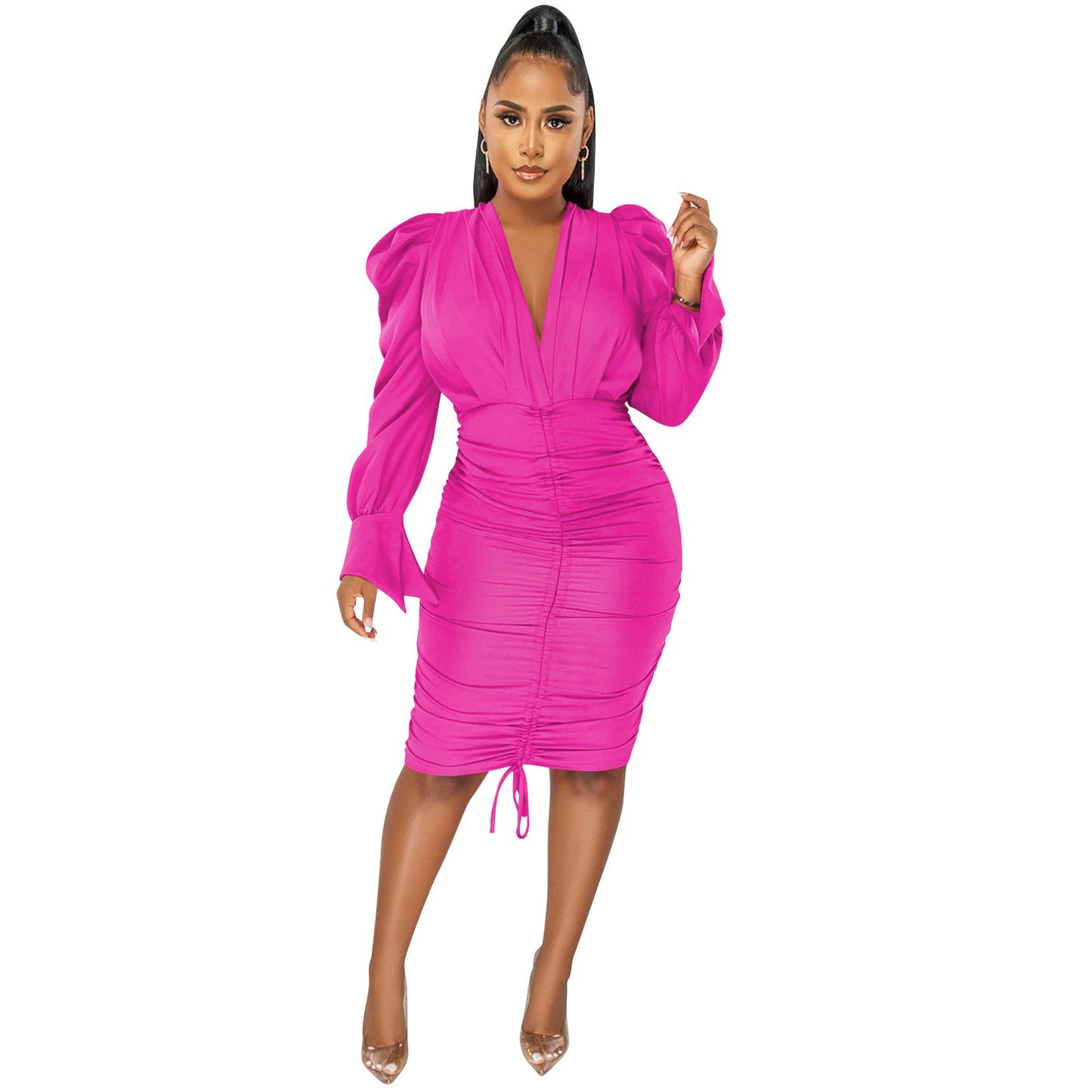 Fashionable Casual Solid Color Long Sleeve Pleated V-Neck Dress for Women