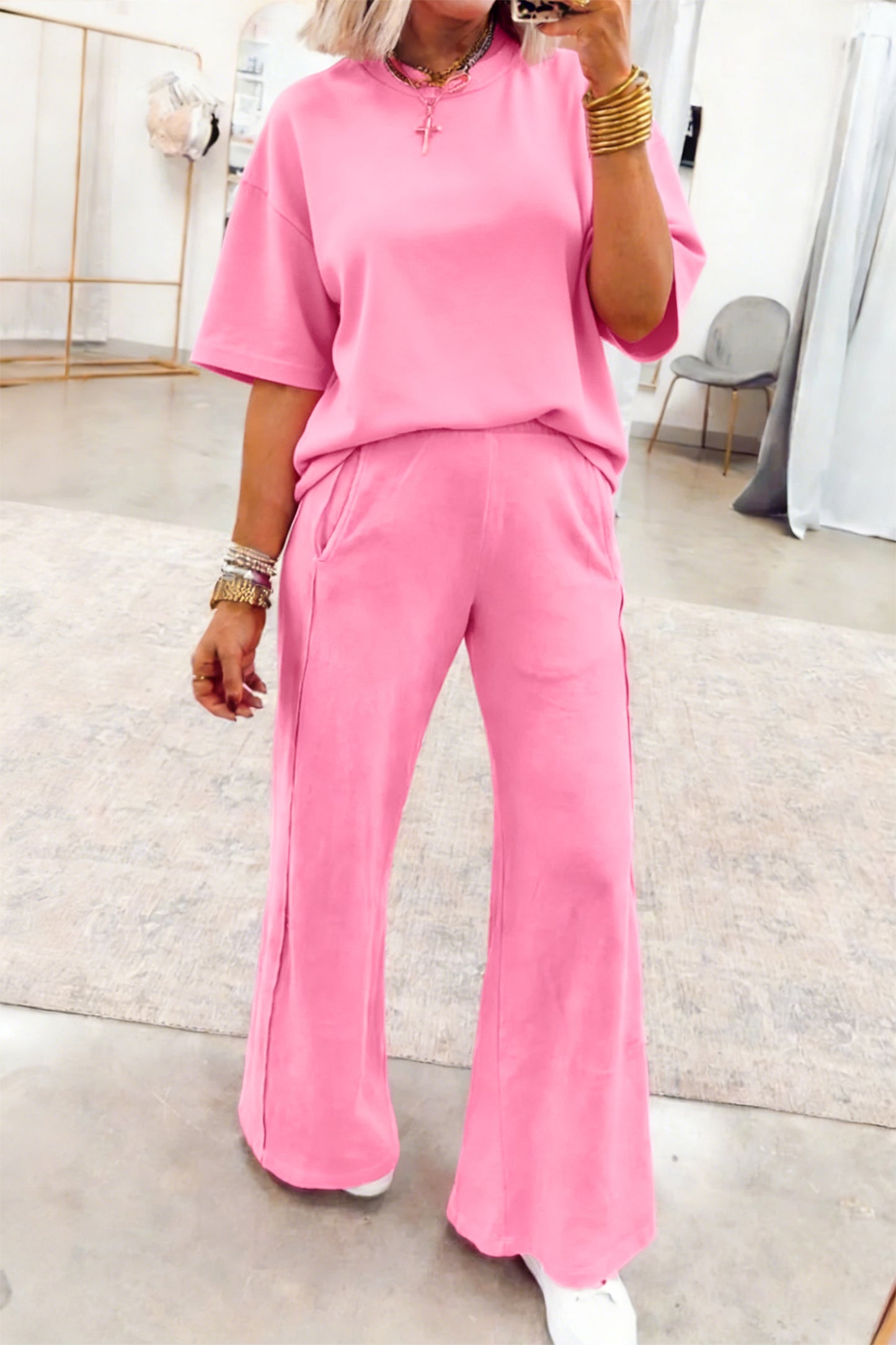Effen oversized T-shirt met zakken en casual broek 2-delige set