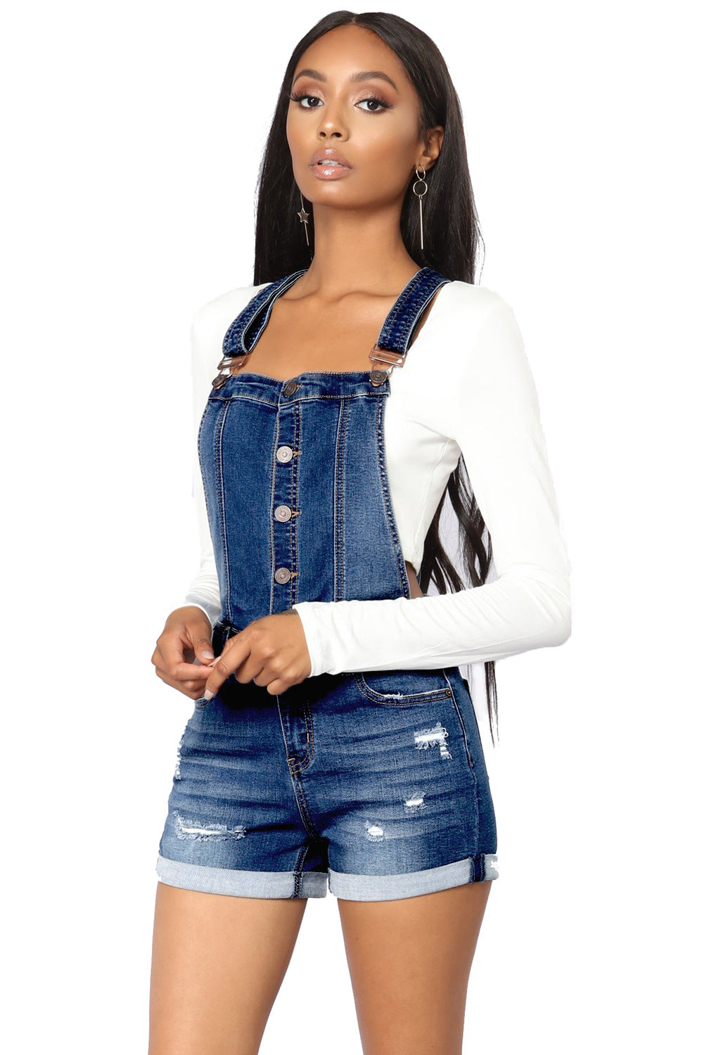 Elastische Denim Shortalls met Knoopsluiting – Trendy Casual