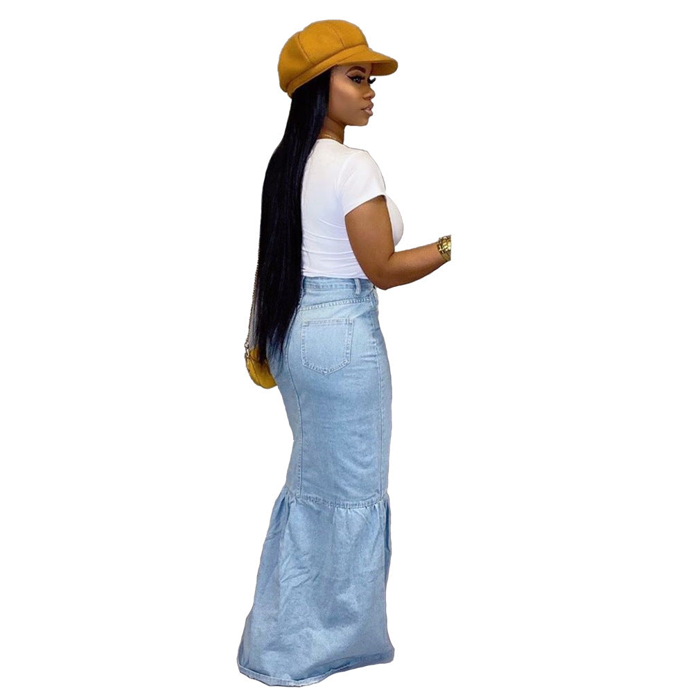 Distinctive Slim Fit Flower Bun Skirt Stitching Denim Skirt