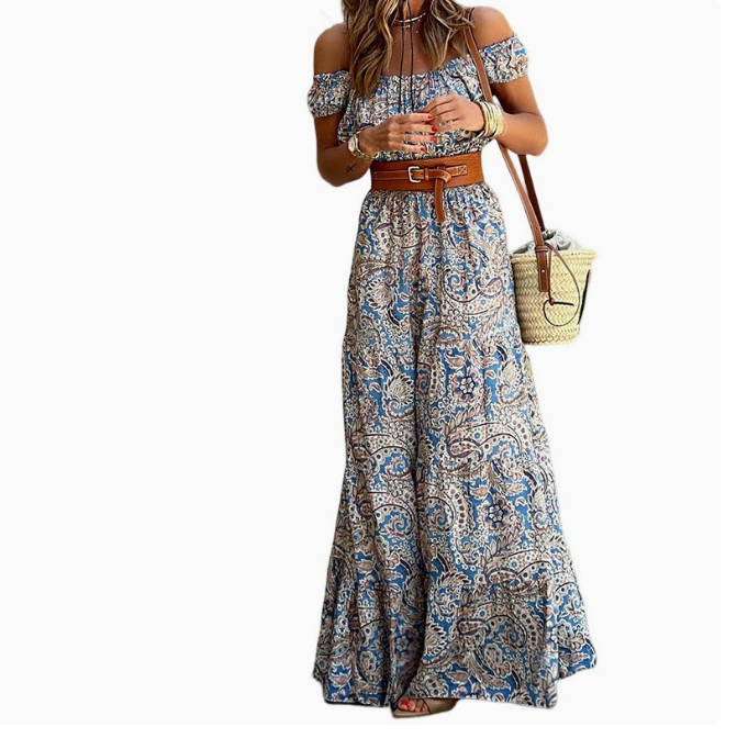 Printed Off-Shoulder Short Sleeve Maxi Dress