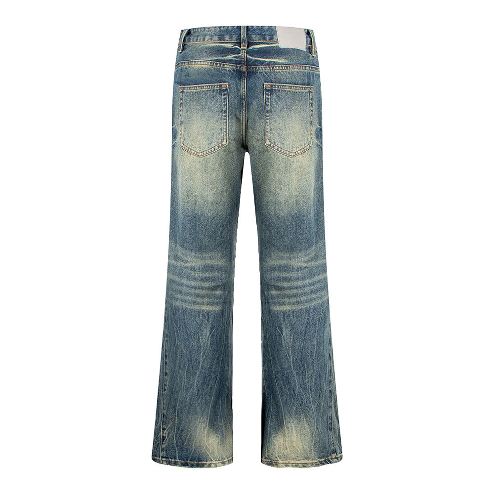 Heren denim jeans met kattenbaardmotief slubstiksels gewassen en verwassen look