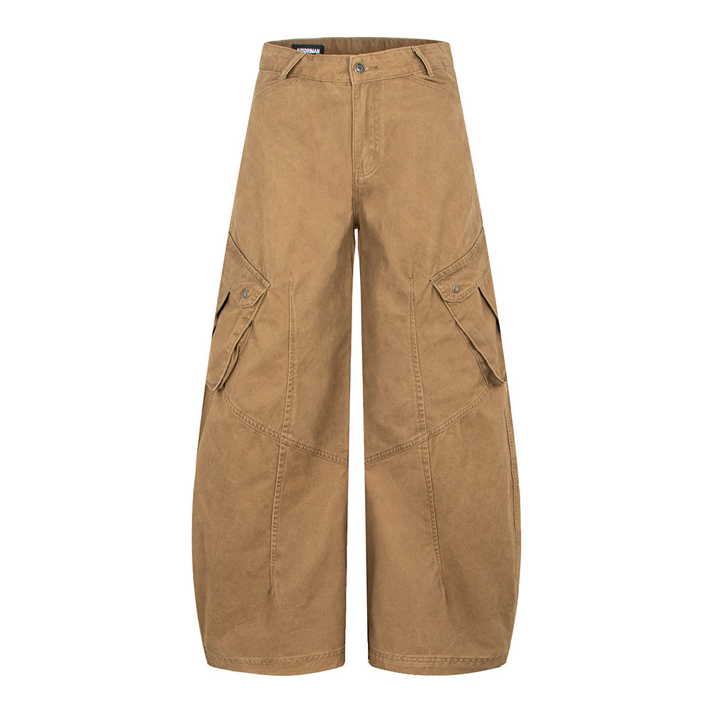 Vintage geplooide cargo broek met opgestikte zakken en wijde pijpen