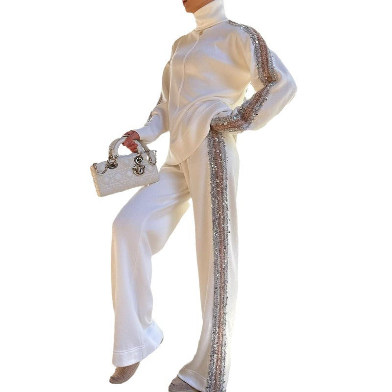Europese en Amerikaanse stijl modieuze broek plus jacket met hoge hals en paillettenrand