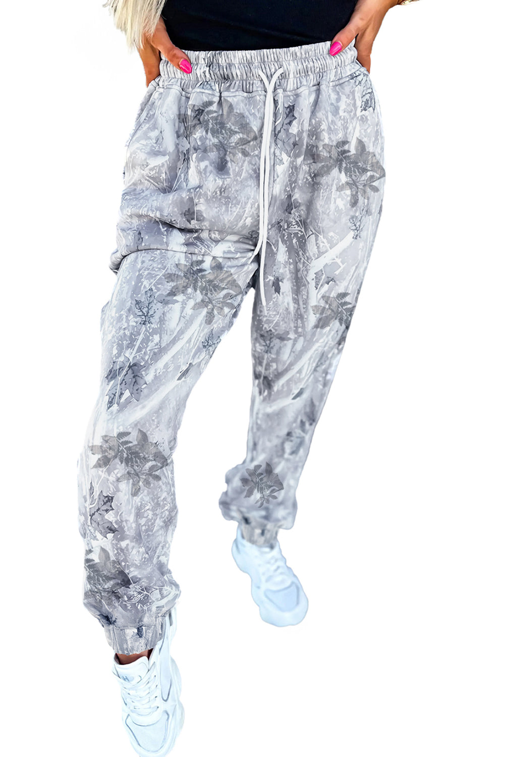 Grijze joggingbroek met camouflageprint elastische taille en trekkoord