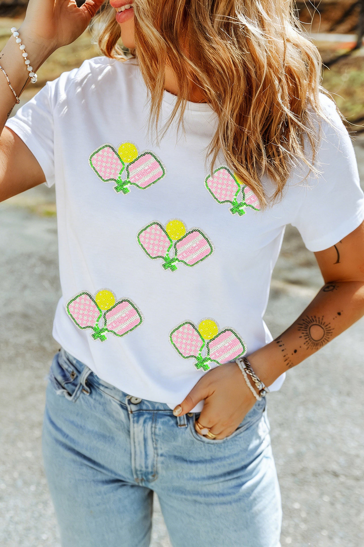 Witte pickleball-T-shirt met paillettenprint