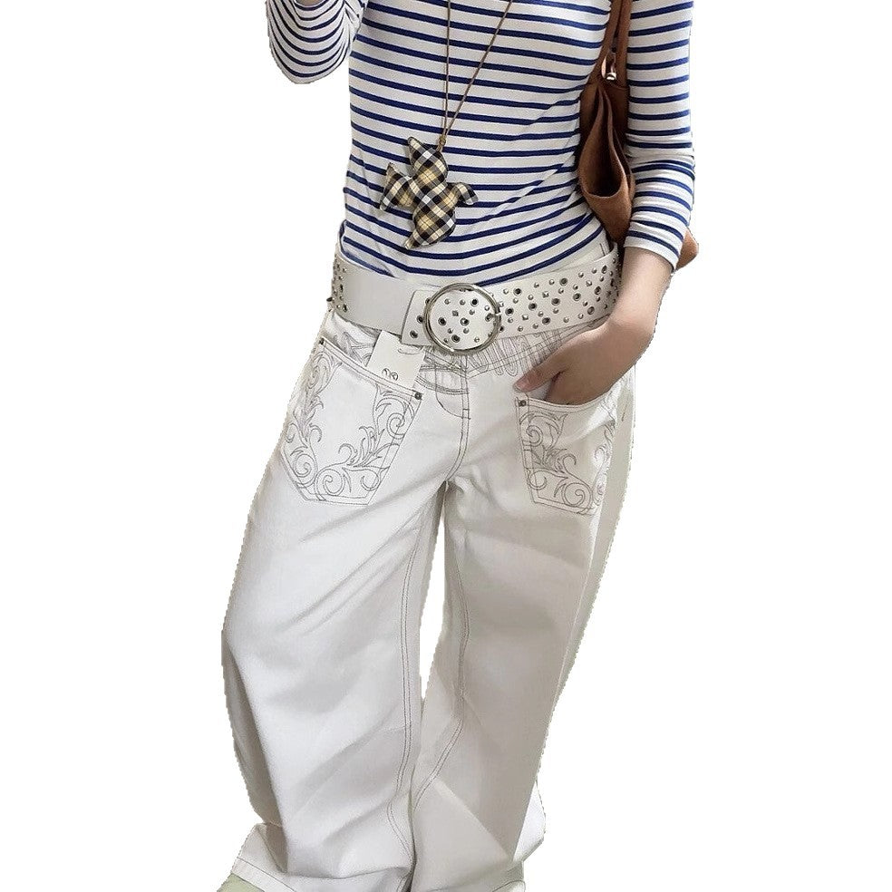 Retro reverse embroidered curved knife jeans for women in summer