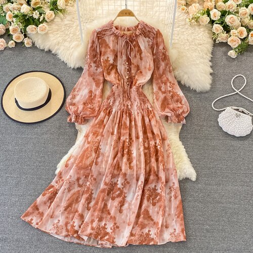 Autumn Women Printed Long Dress Vintage Ruffle Stand Collar Puff Sleeve High Waist Elegant Maxi Robe Female Big Swing Dress