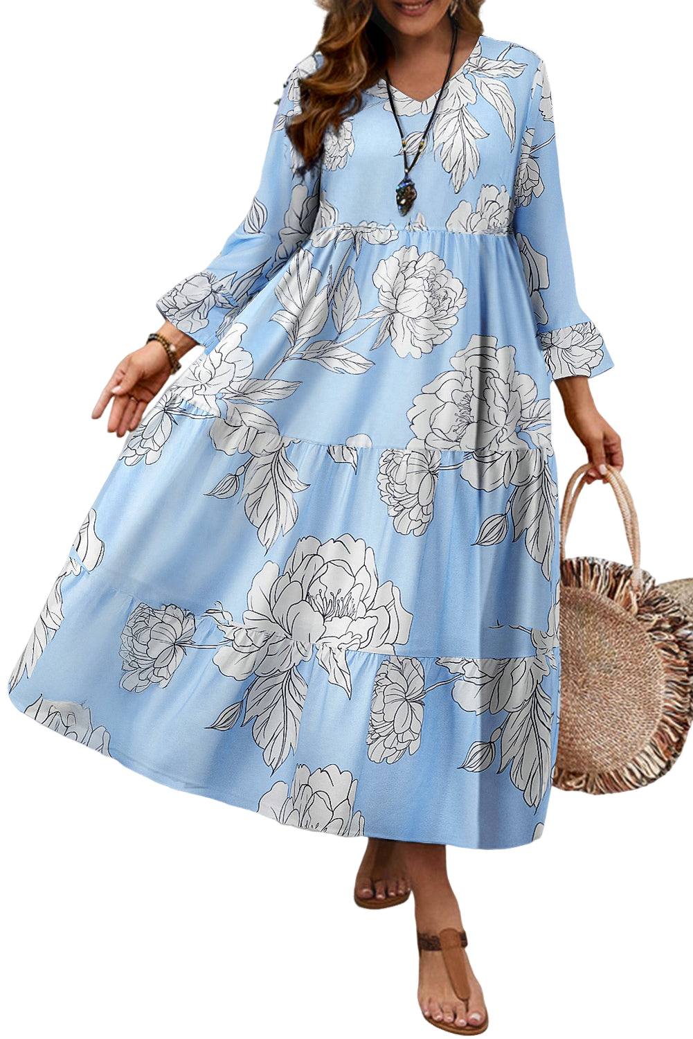 Hemelsblauwe maxi-jurk met bloemenprint wijde mouwen V-hals en ruches plus size