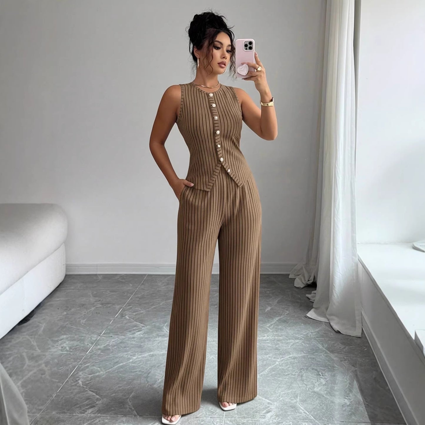 Retro gestreepte mouwloze vest en wijde broek set voor dames