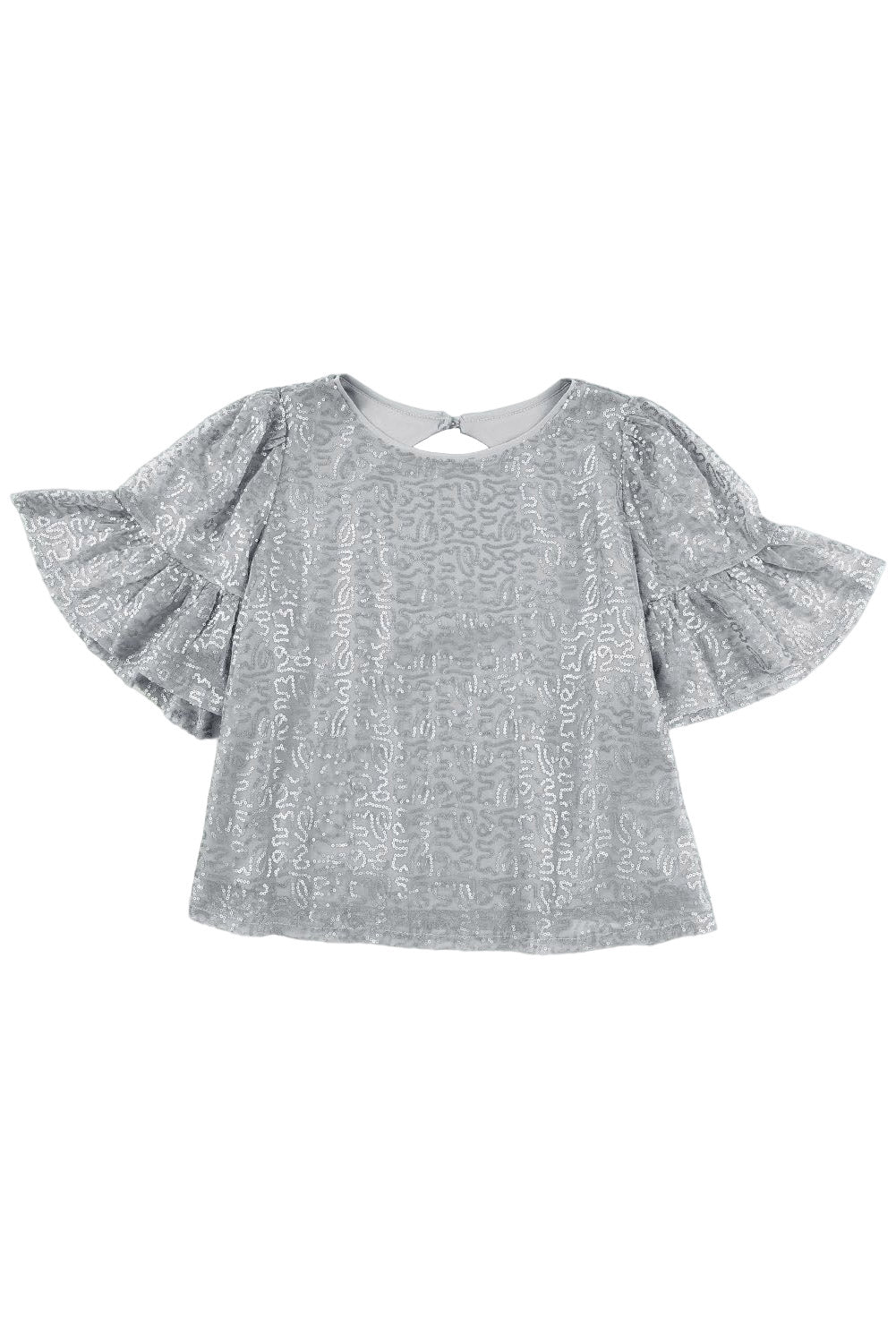 Grijze mesh blouse met ruchesmouwen en pailletten