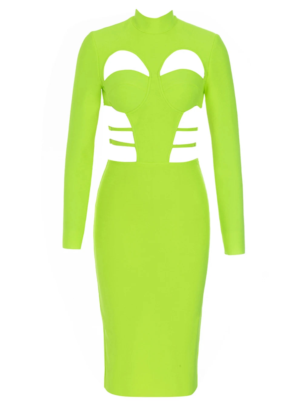 New Fluorescent Green Sexy Hollow Out Bodycon Design Bandage Dress Women'S Long Sleeve Fashion Club Party Vesidos
