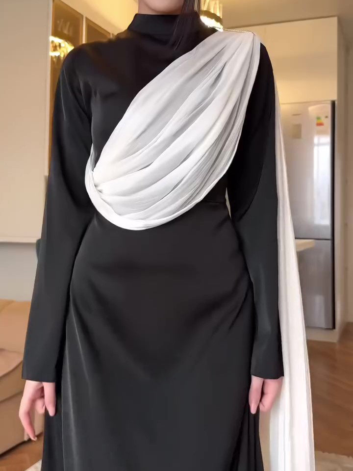 Contrasterende kleur sjaal taille lange mouw maxi-jurk