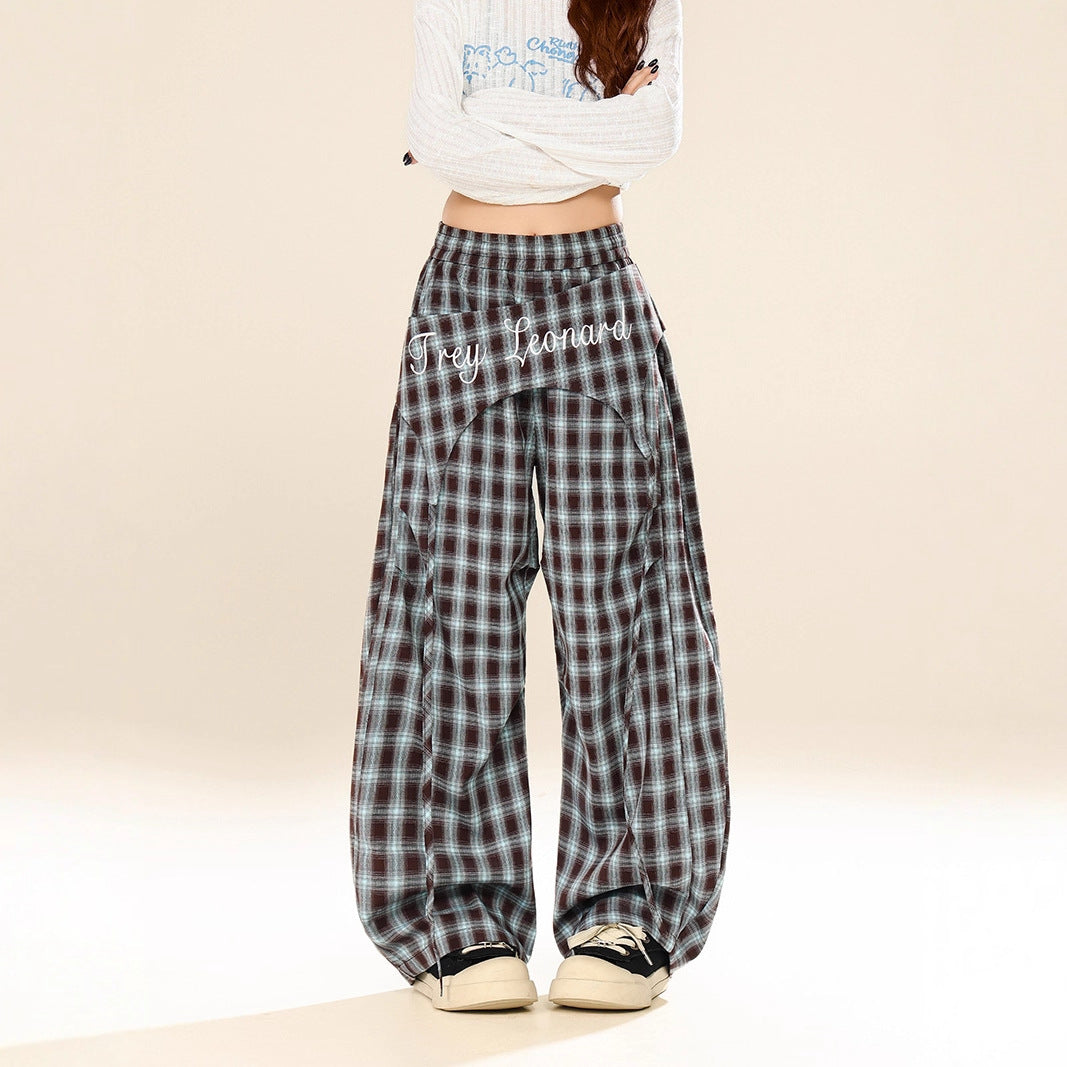 Losse wijde geruite broek met hoge elastische taille