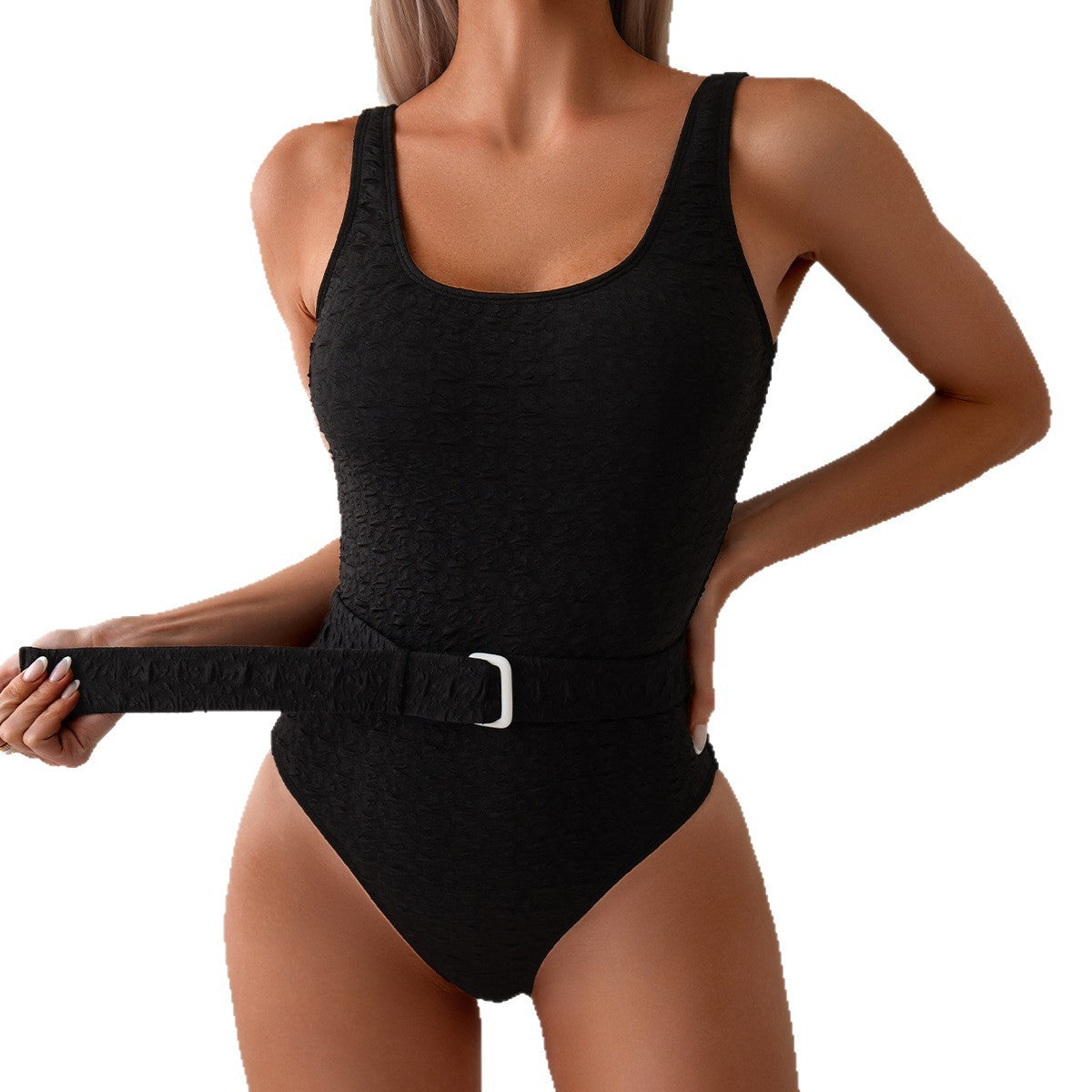 One-piece swimsuit women's pure black elegant waistband swimsuit