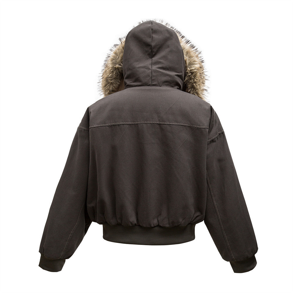 Canvas jacket met capuchon imitatiebont kraag en voering