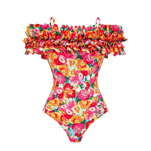 Vintage Off-shoulder Bedrukte Badpak Met Ruches Of Set Badpak Plus Sarong