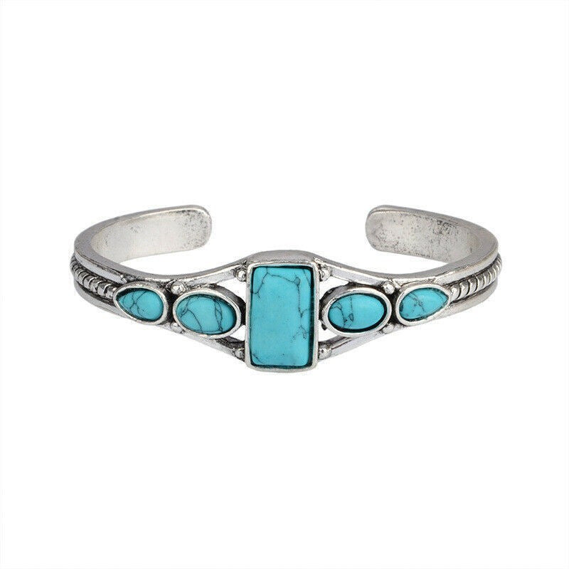 Bohemian Retro Turquoise Adjustable Cuff Bracelet Carved Hollow Geometric