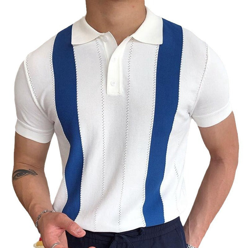 Zomerse gebreide poloshirt met korte mouwen en strepen slim fit model