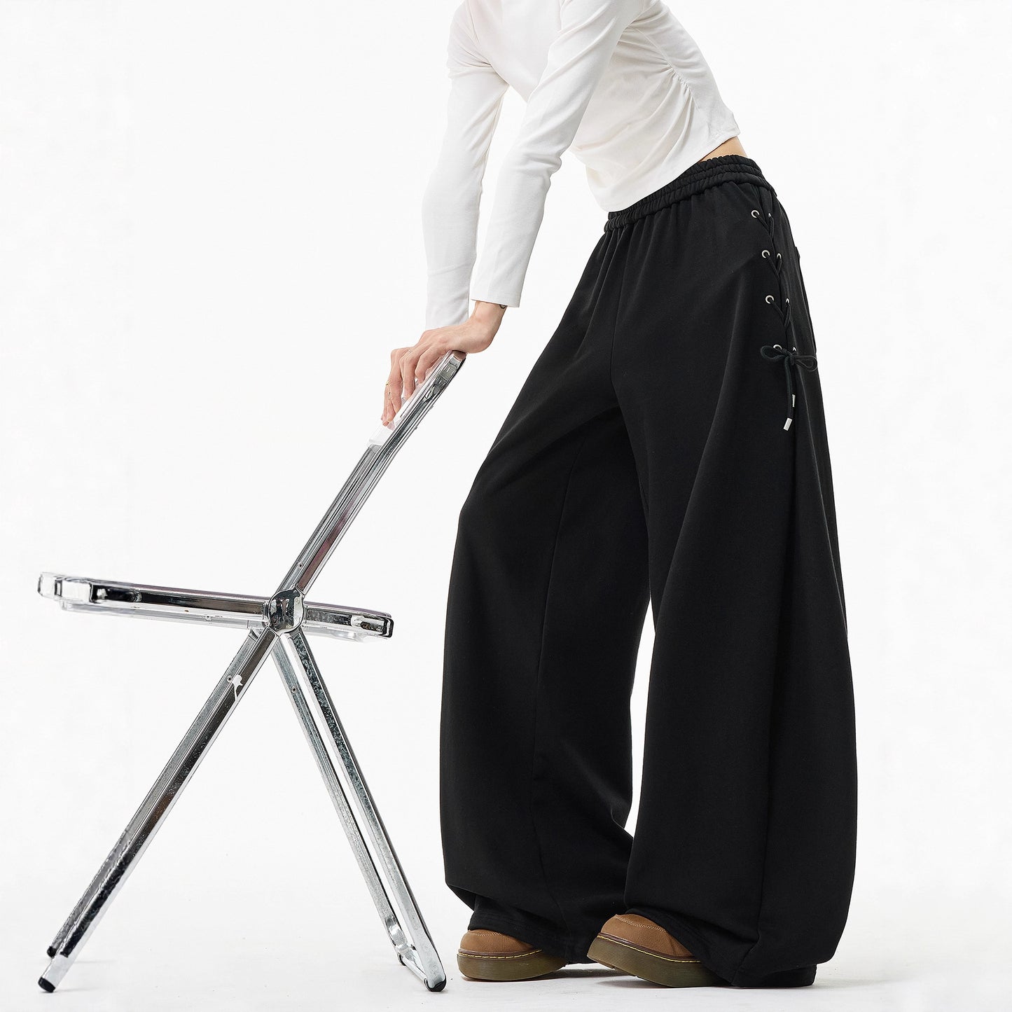 Retro geplooide joggingbroek met strikceintuur voor heren