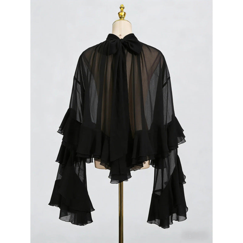 Elegant Mesh Ruffle Blouse with Bell Sleeves