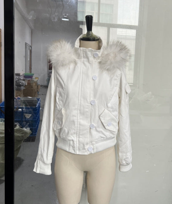 Womens Hooded Short Jacket with Detachable Fur Collar