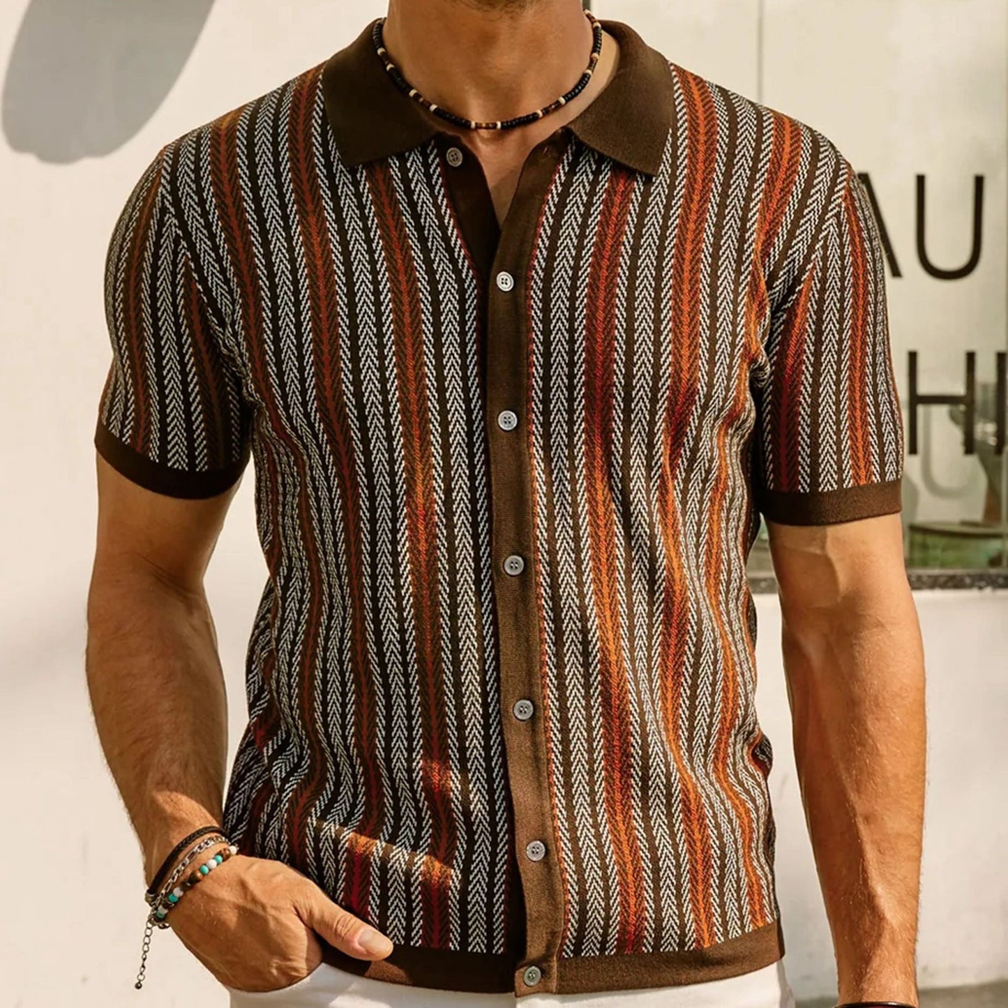 Short sleeved knitted sweater summer new striped jacquard business polo shirt Father's Day gift