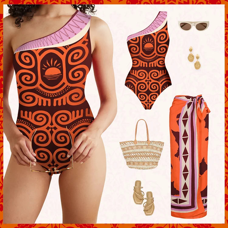 Modieuze badpak met één schouder en print of als set met sarong