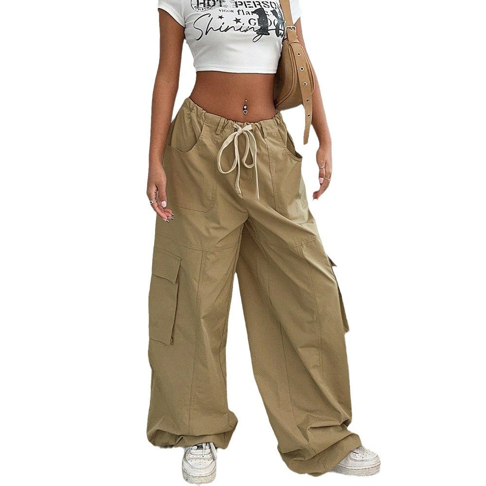 Women's American workwear casual pants spring and summer new elastic waist functional style wide leg pants