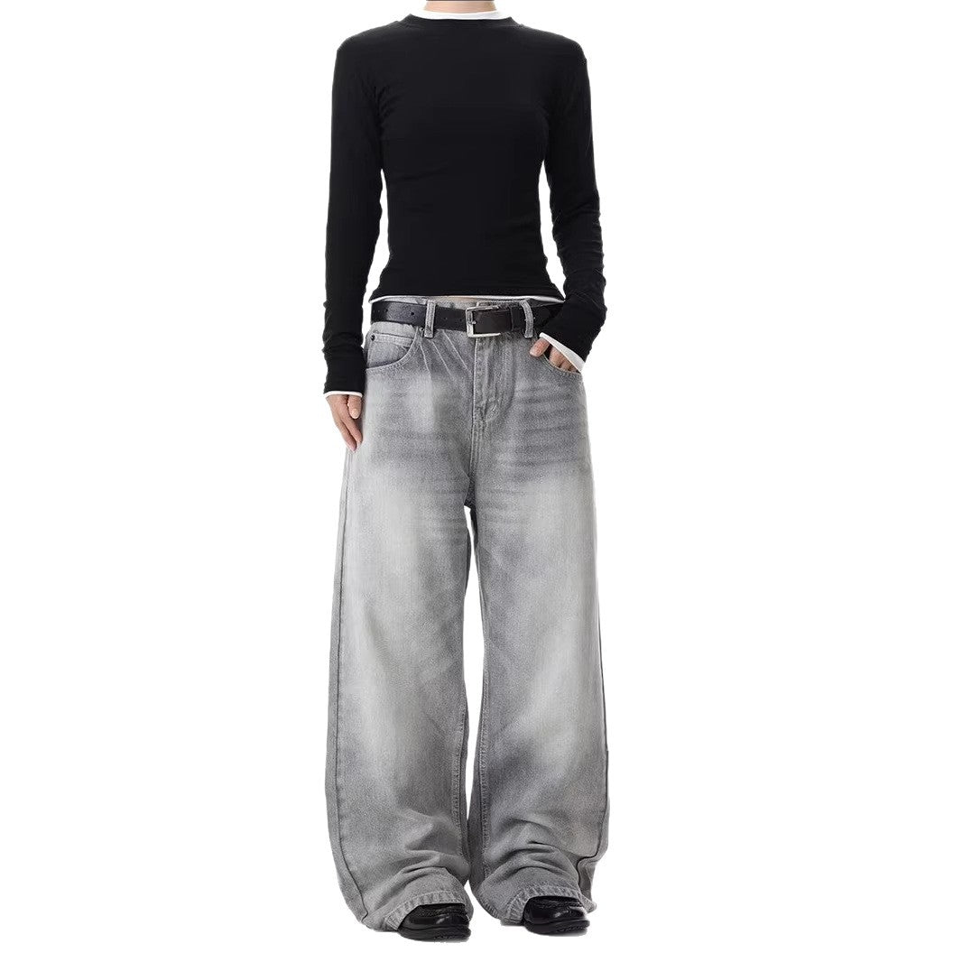 Gewassen grijsgroene losse denim jeans unisex