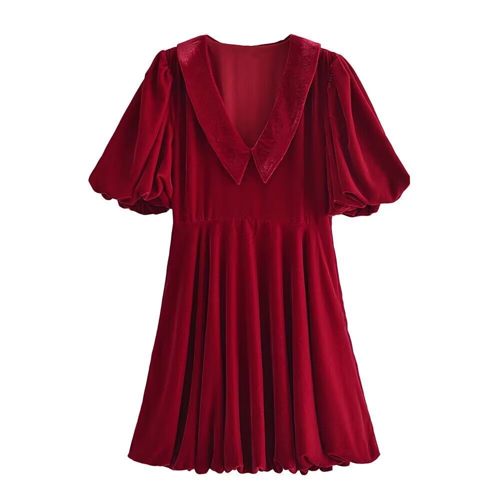 V-neck red velvet puffy sleeve jumpsuit short skirt