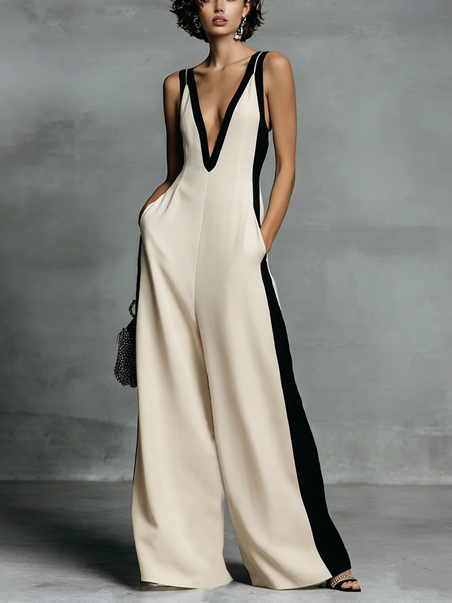 Fashion Color-block Sleeveless V-neck Wide-leg Jumpsuit for Women