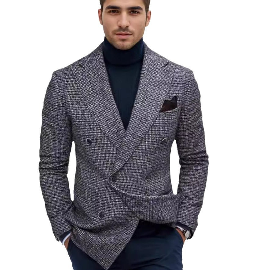 Men's Plaid Double-Breasted Suit Jacket