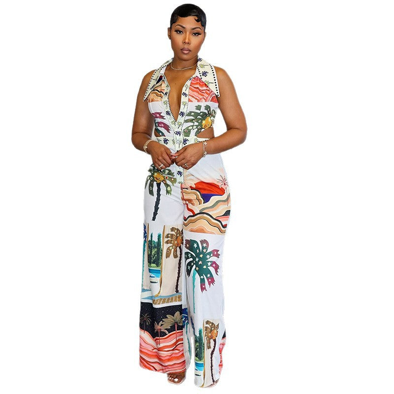 Casual vakantiejumpsuit voor dames met V-hals halternek open rug knopen en wijde pijpen