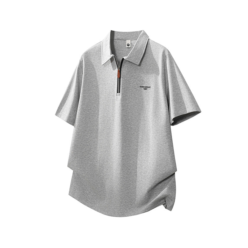 Men's Zipper Letter Embroidery Short Sleeve Polo Shirt