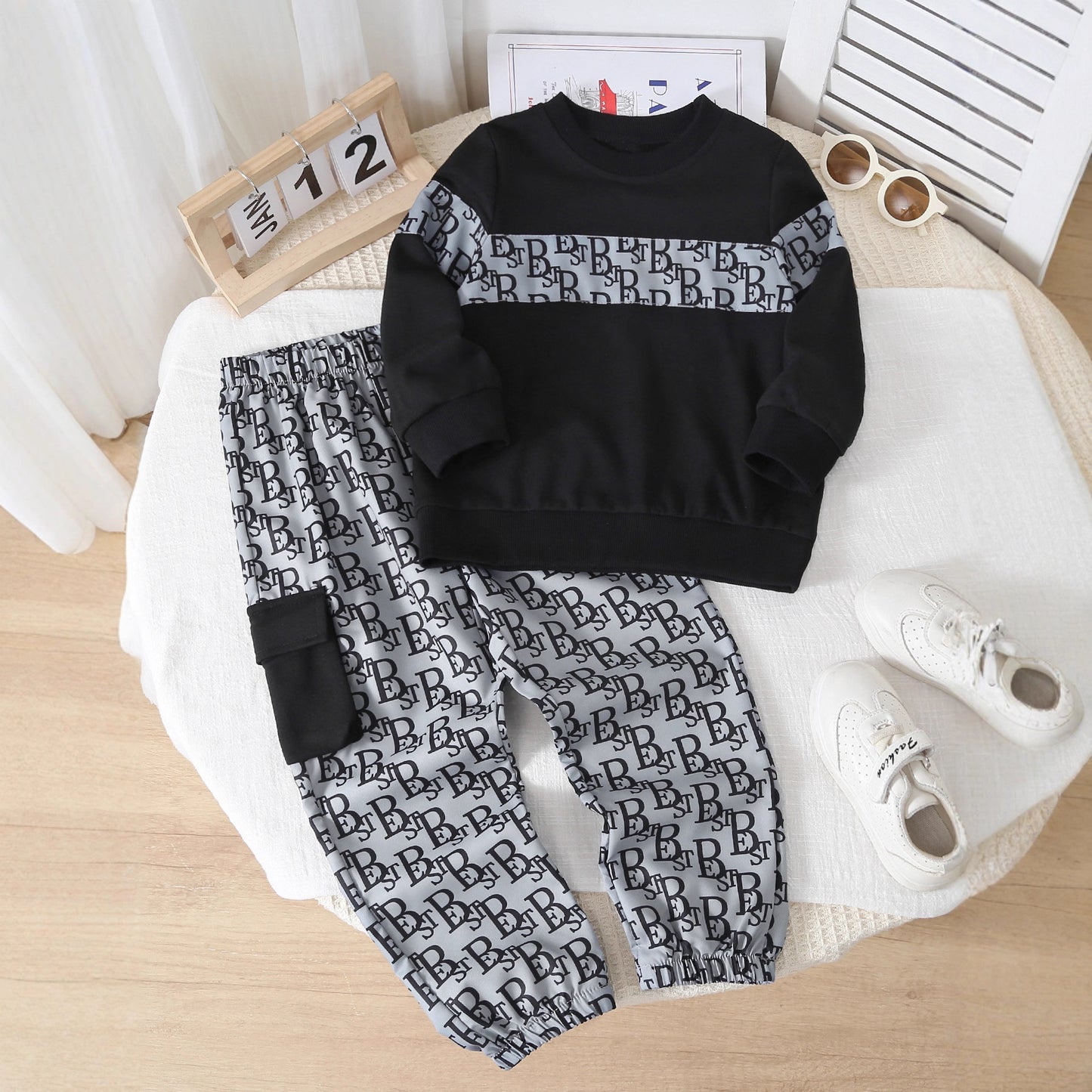 Kids' Letter Print Hoodie Set for Boys, Long Sleeve and Pants