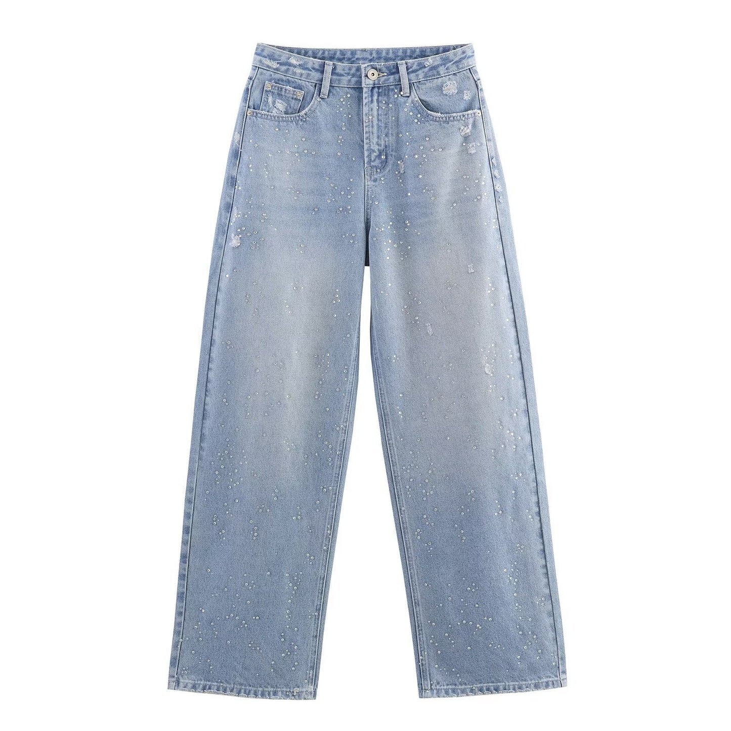Strass cropped denim damesjack met knoopsluiting en reverskraag of wijde jeans